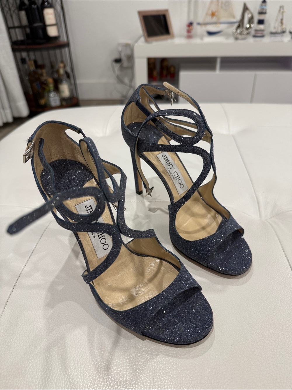 Jimmy Choo Navy Glitter Strappy Stiletto Sandals